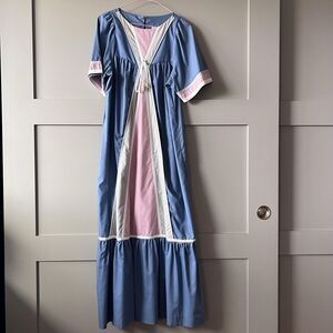 Vintage Liberty House Dress Muu Muu Maxi Small Blue Pink Maxi Prairie Hawaii 70s